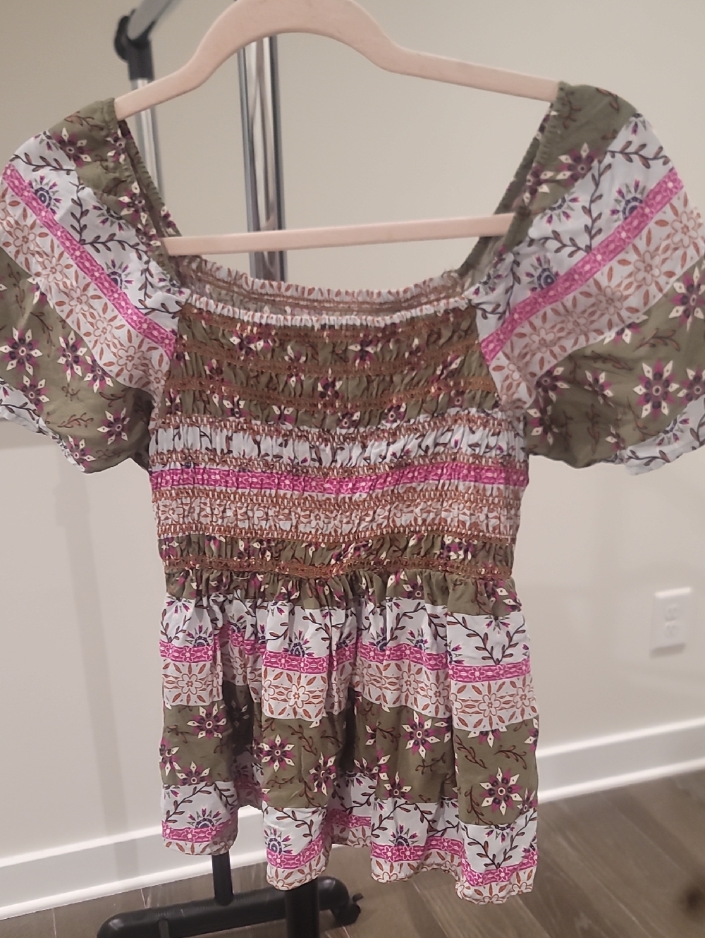 SO Olive and Pink Smocked Peasant Top